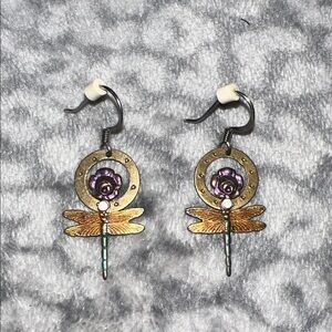 Purple and Gold Dragonfly Dangle Earrings